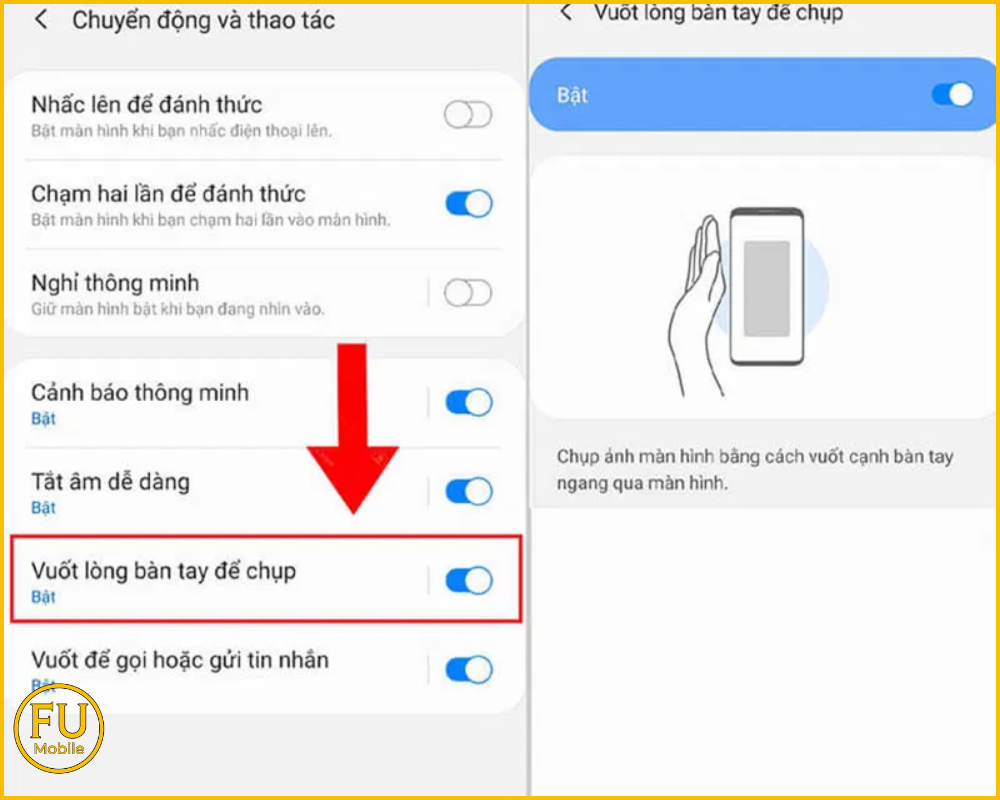 Gạt thanh trượt sang phải để bật Vuốt lòng bàn tay để chụp