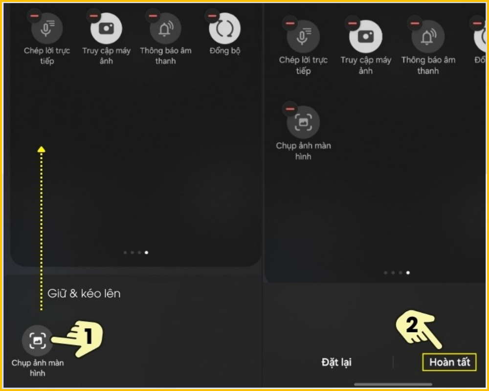 Kéo thả biểu tượng Chụp ảnh màn hình từ phím sẵn có lên menu mở rộng và nhấn Hoàn Tất