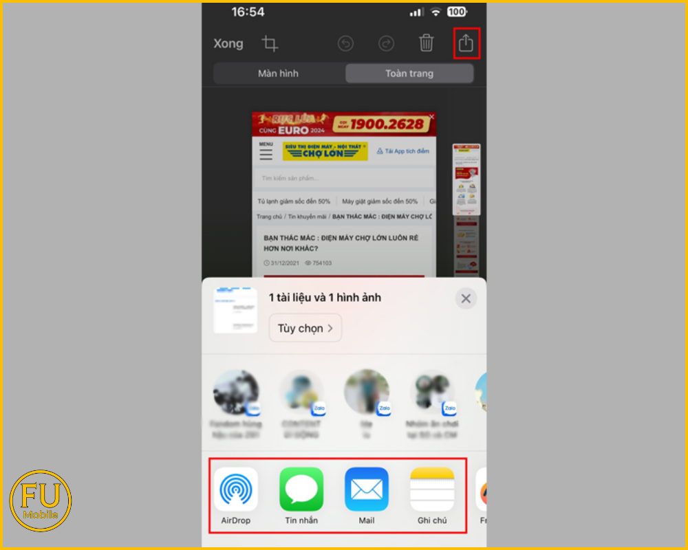 Nhấn vào biểu tượng chia sẻ để chia sẻ ảnh chụp màn hình