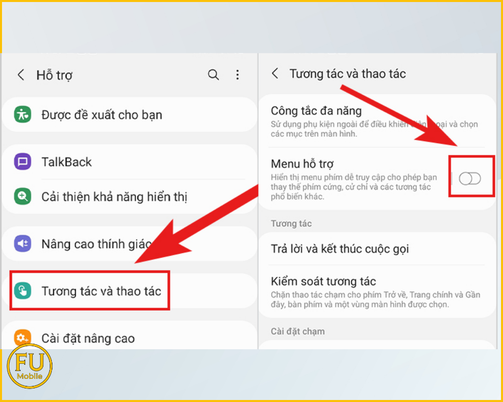 Nhấn vào mục Tương tác và thao tác và gạt công tắc Menu hỗ trợ sang trạng thái Tắt