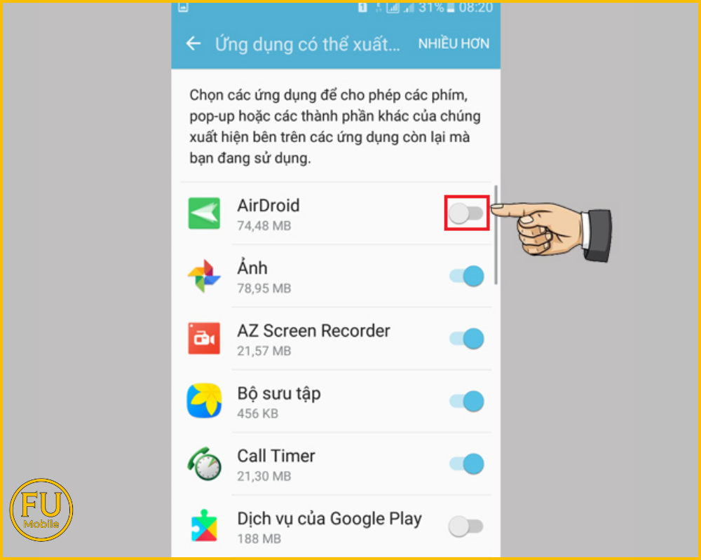 Tắt tính năng lớp phủ màn hình đối với một số ứng dụng