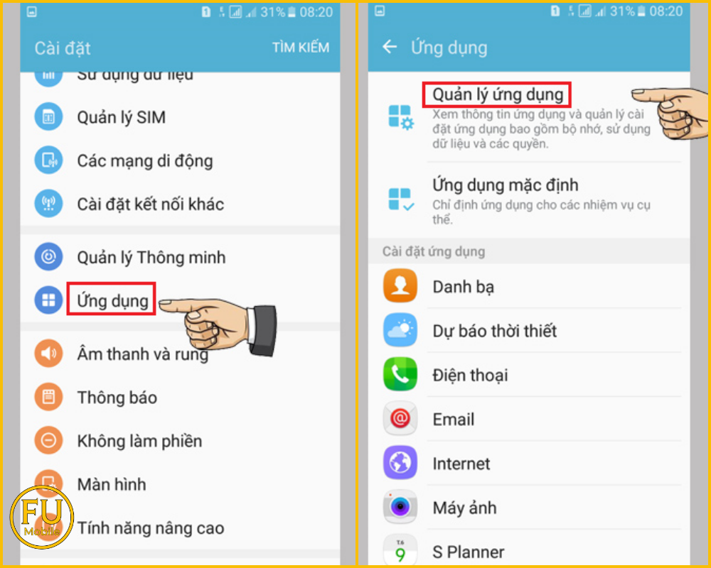 Vào Cài đặt chọn Ứng dụng và chọn mục Quản lý ứng dụng