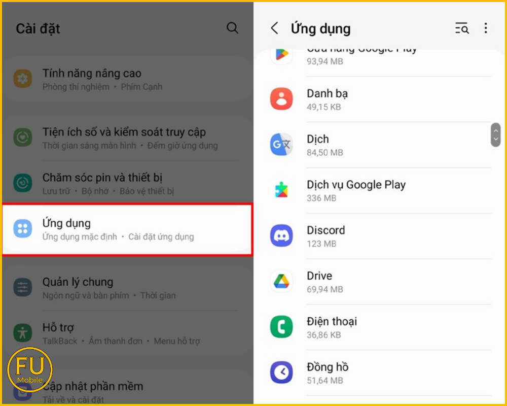 Vào Cài đặt chọn Ứng dụng và tìm Youtube