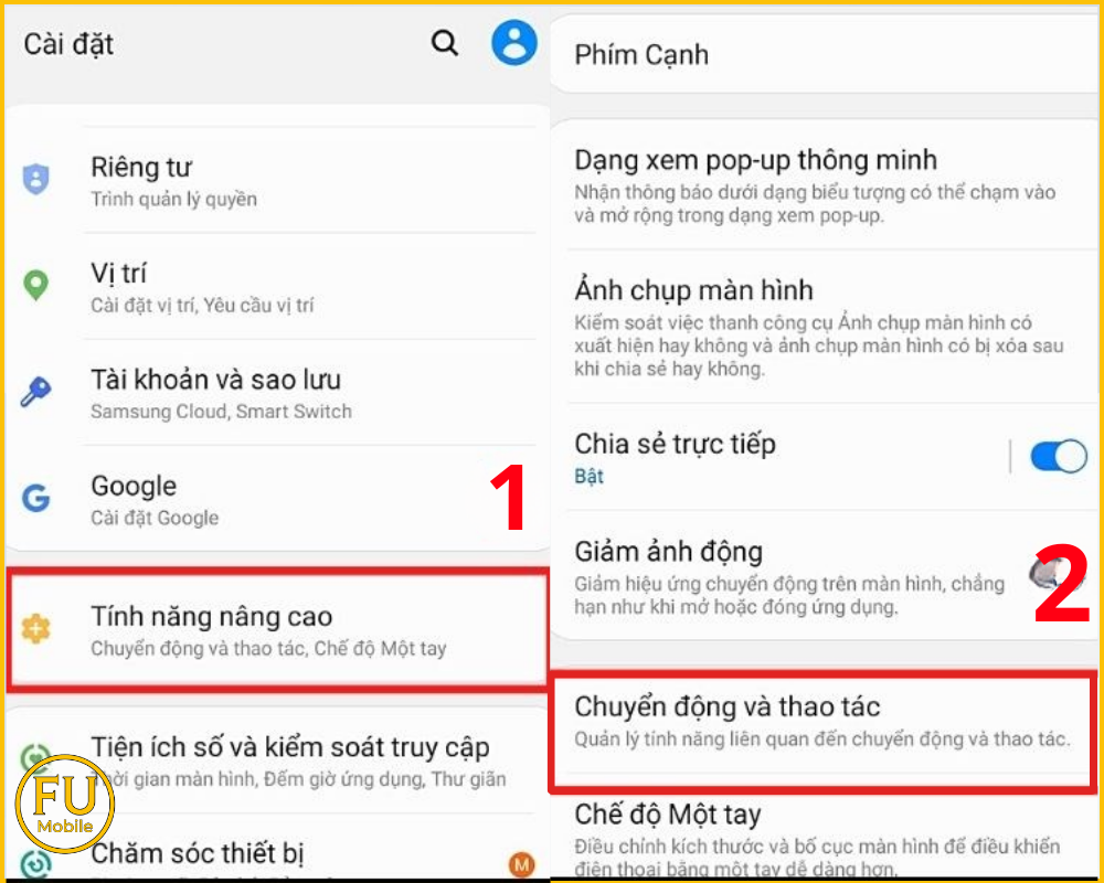 Vào Cài đặt để bật Vuốt lòng bàn tay chụp màn hình Samsung