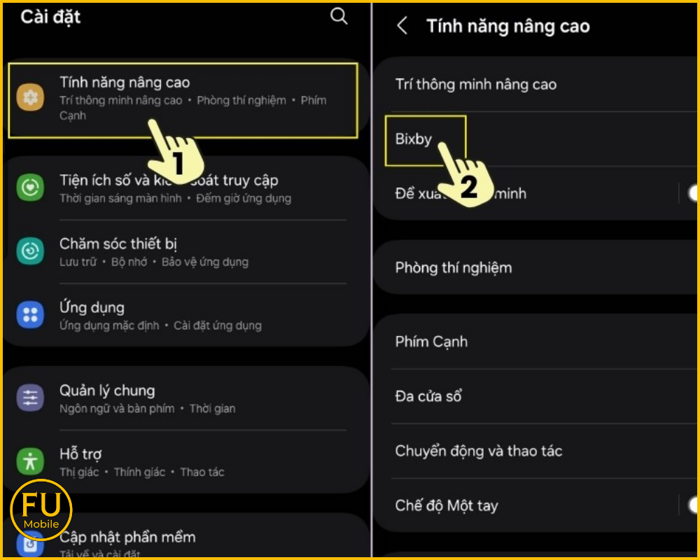 Vào Cài đặt tìm Tính năng nâng cao và chọn Bixby