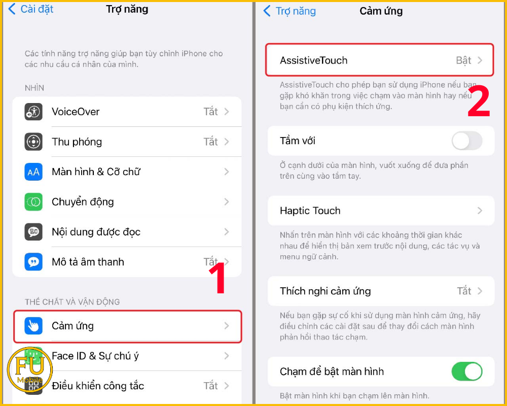 Vào Cảm ứng để bật AssistiveTouch