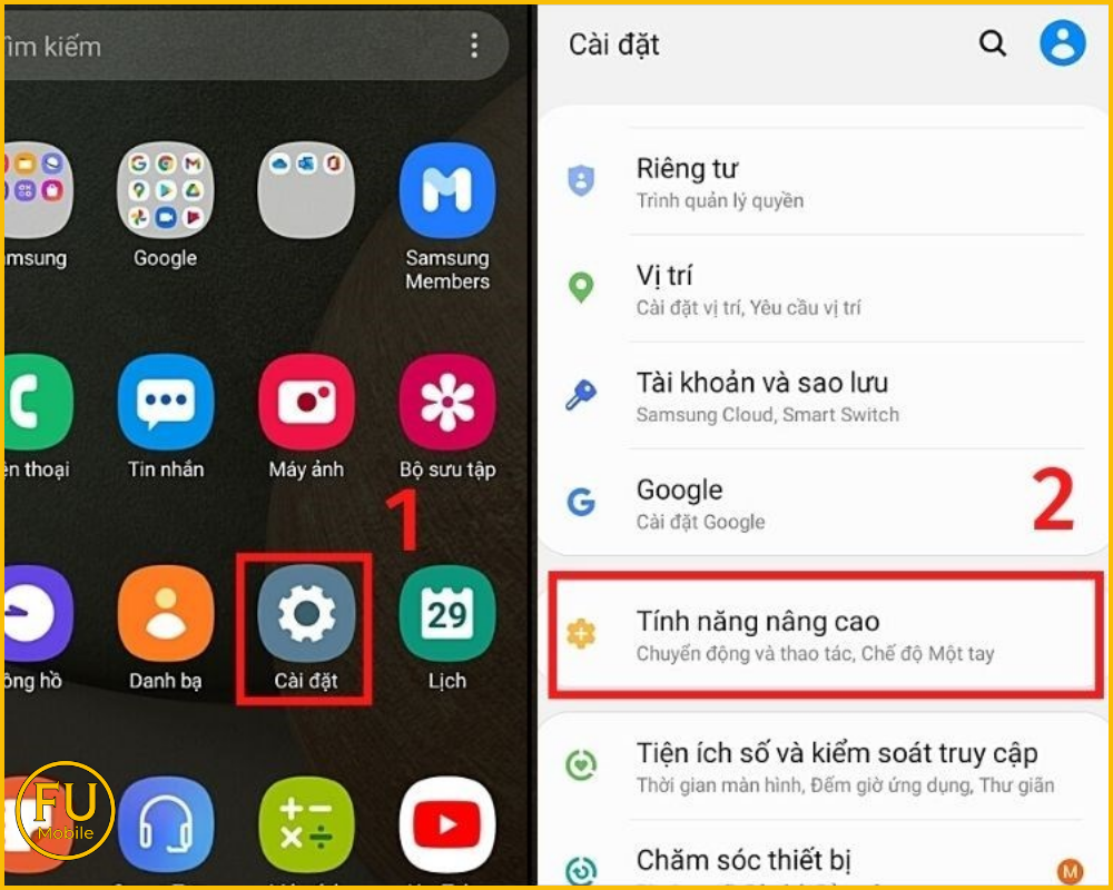 Vào phần Cài đặt và chọn mục Tính năng nâng cao