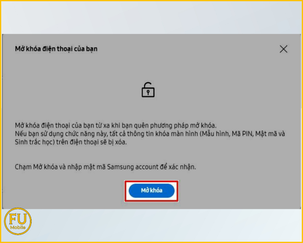 Xác nhận lại tài khoản Samsung và tiến hành Mở khóa