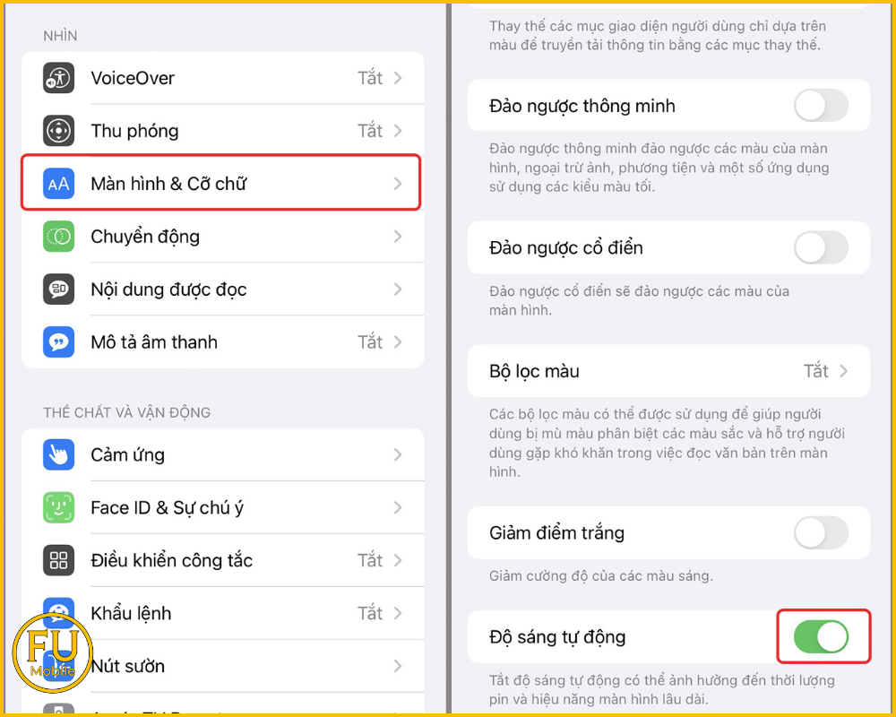 Bật/Tắt Độ sáng tự động
