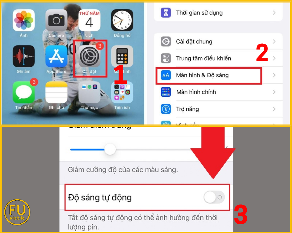 Chỉnh độ sáng trong phần Cài đặt