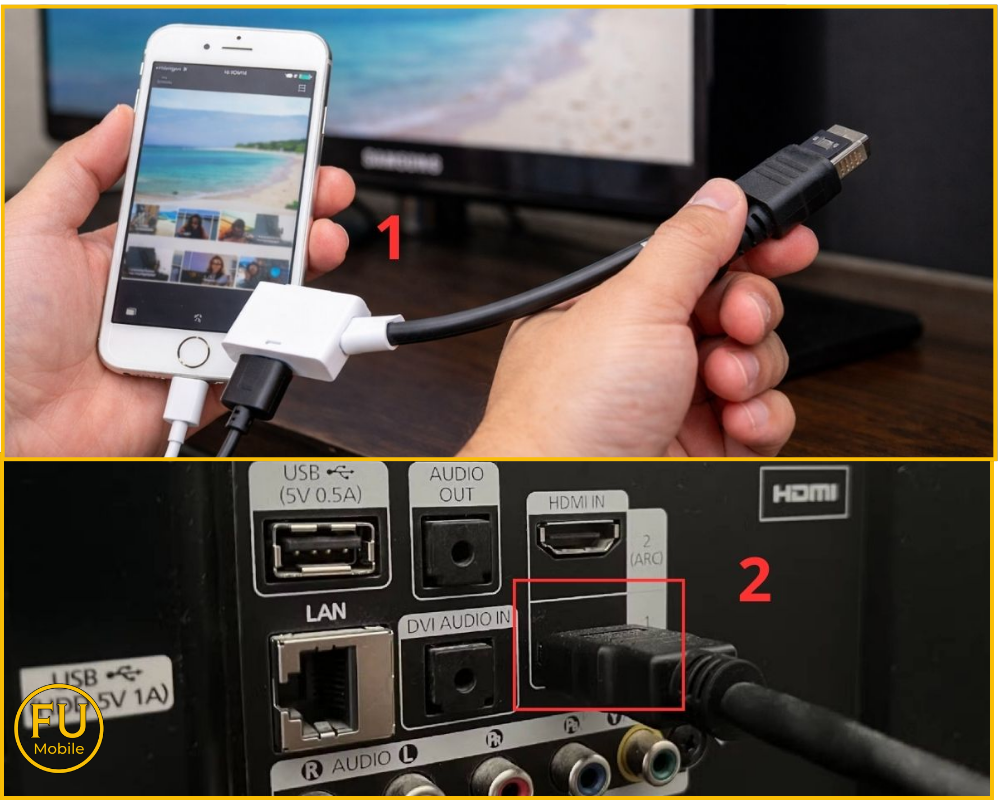 Chuẩn bị cáp chuyển đổi phù hợp và cắm cáp HDMI