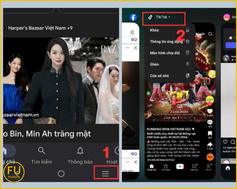 Nhấn phím Đa nhiệm ở góc màn hình để hiện các app đang chạy