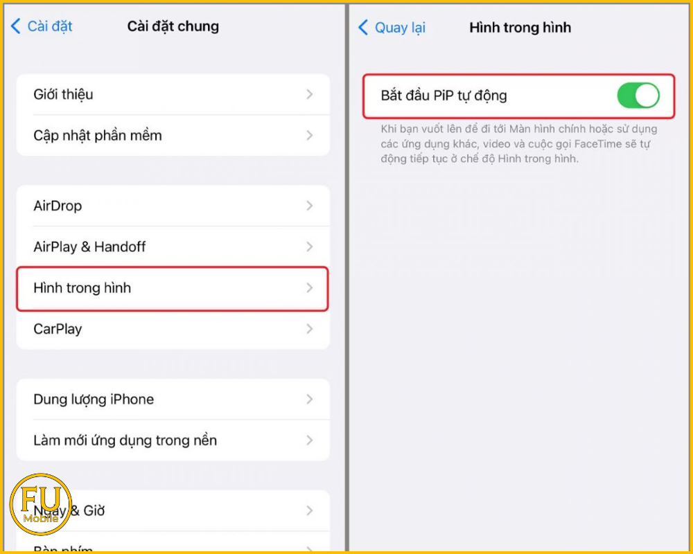 Vào Cài Đặt bật xanh dòng Bắt đầu PiP tự động
