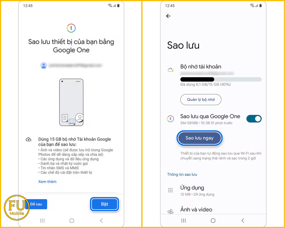 Bật Sao lưu bằng Google One lên và nhấn Sao lưu ngay