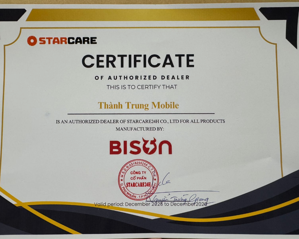 Chứng nhận Thành Trung Mobile là đại lý ủy quyền chính thức phân phối pin Bison chính hãng