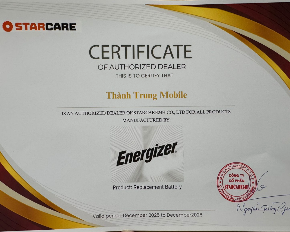 Chứng nhận Thành Trung Mobile là đại lý ủy quyền chính thức phân phối pin Energizer chính hãng