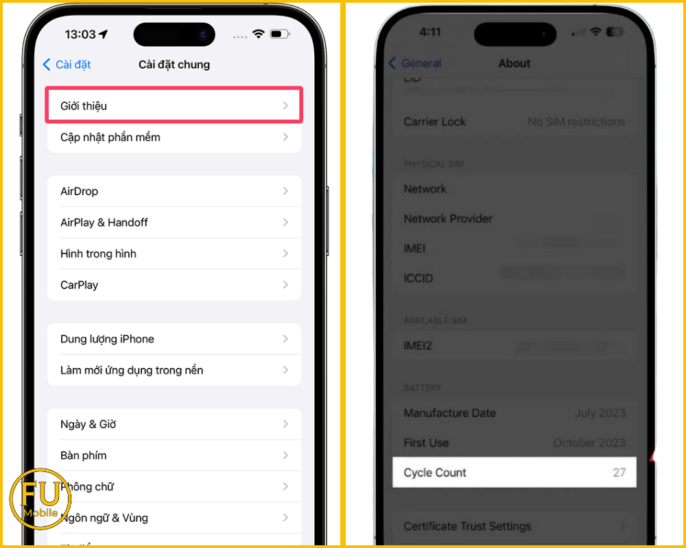 Xem số chu kỳ sạc với dòng iPhone 15 trở lên