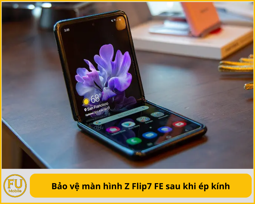 Bảo vệ màn hình Z Flip7 FE sau khi ép kính