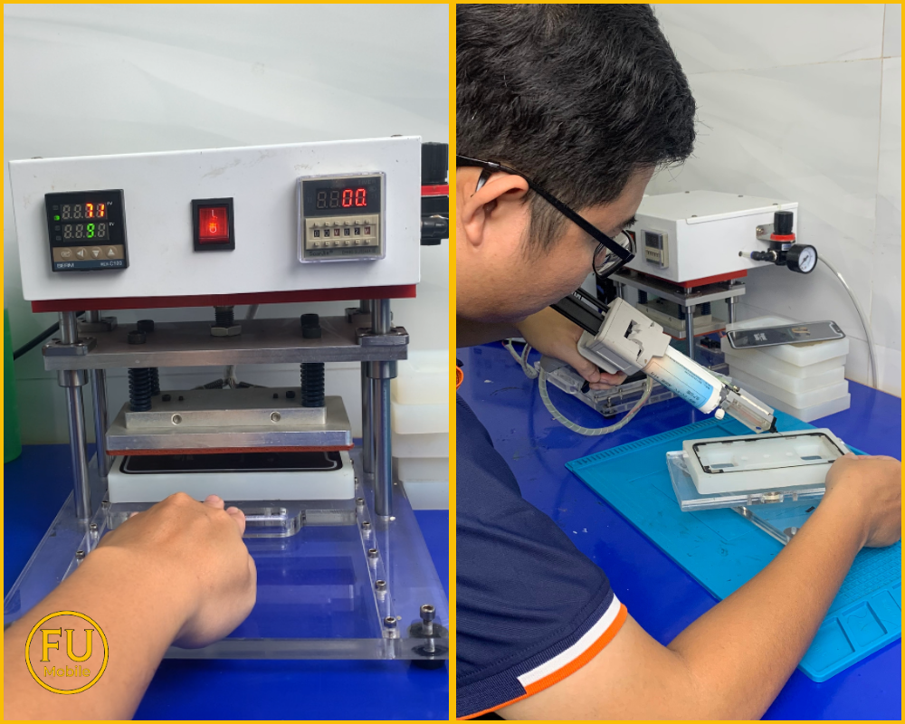 Khách hàng có thể quan sát quy trình ép kính màn hình điện thoại