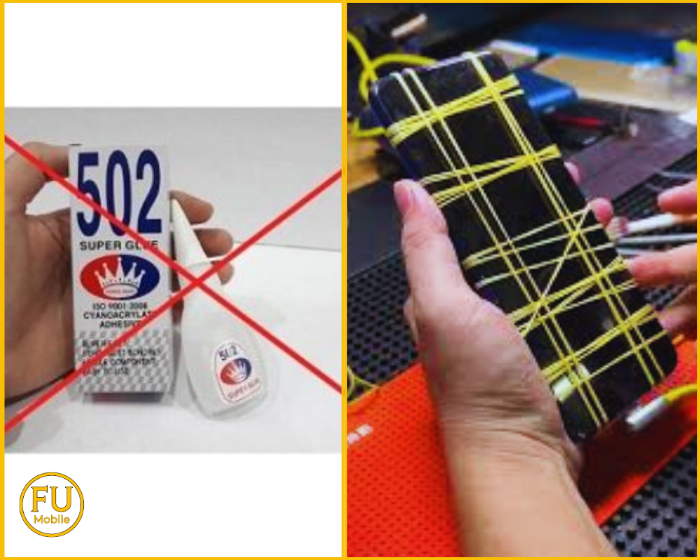 Không dùng keo 502 và dùng dây thun buộc quá chặt màn hình