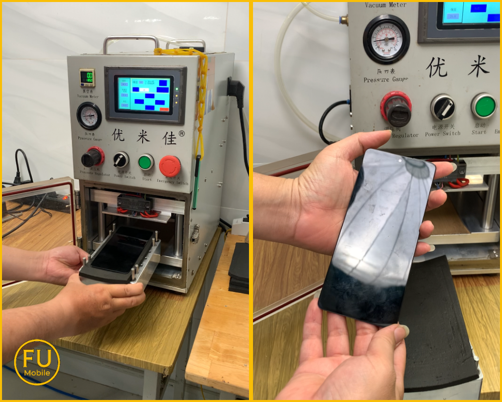 Kỹ thuật viên FUmobile dùng máy ép kính ép kính điện thoại