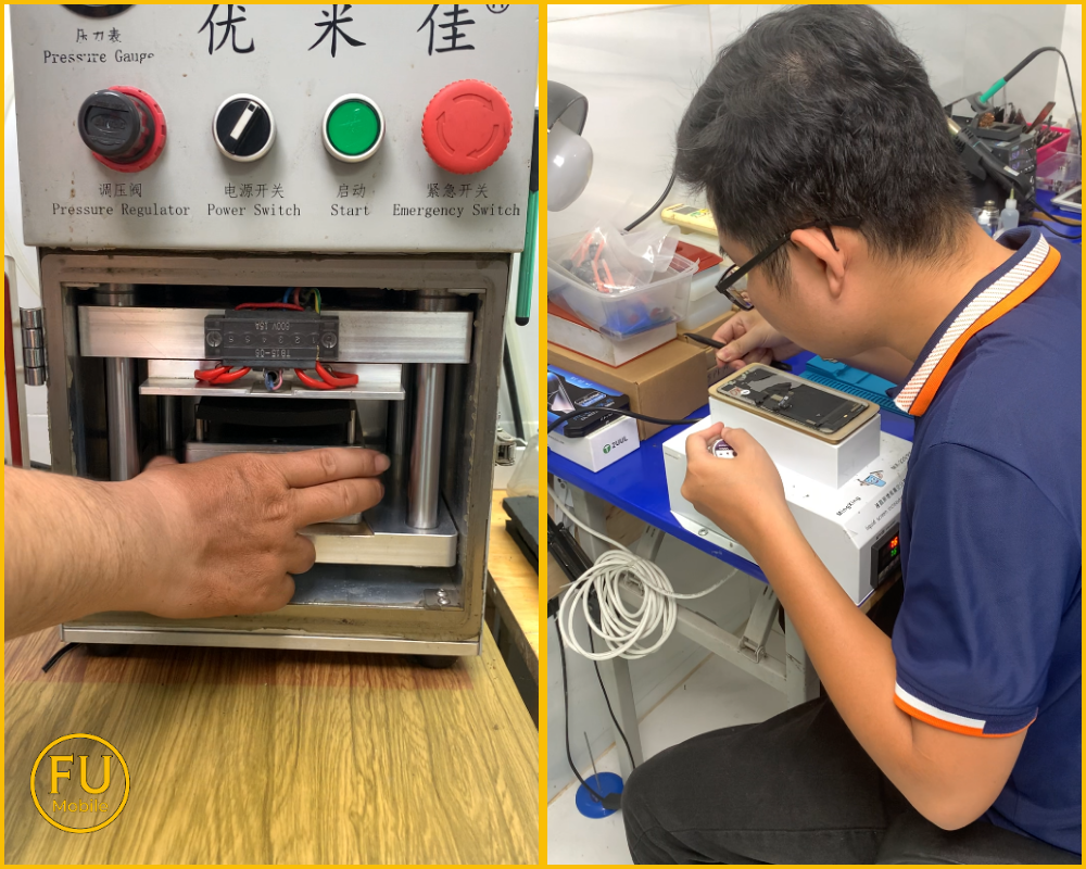 Kỹ thuật viên FUmobile đang thay kính Samsung Galaxy A30