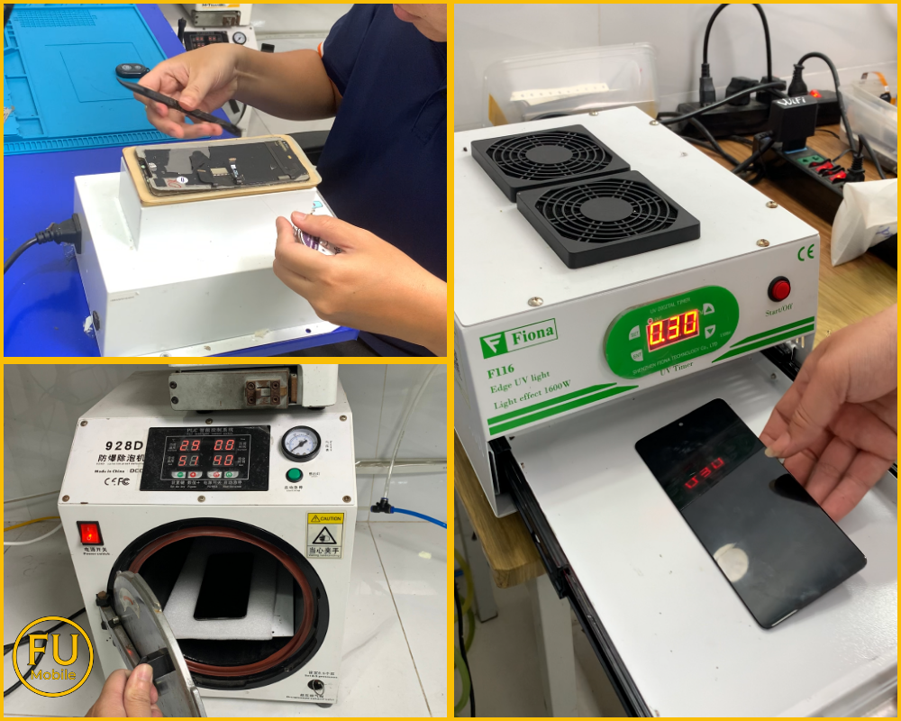 Máy ép kính chân không và máy hấp UV hiện đại tại phòng kỹ thuật FUmobile