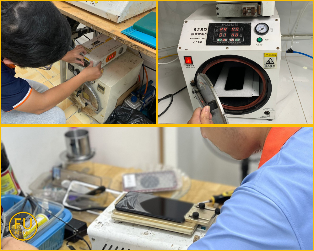 Kỹ thuật viên FUmobile đang thực hiện ép kính trên máy ép hiện đại