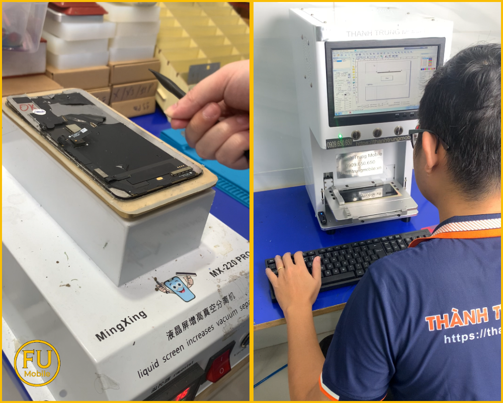 Quy trình ép kính điện thoại với máy móc hiện đại tại FUmobile