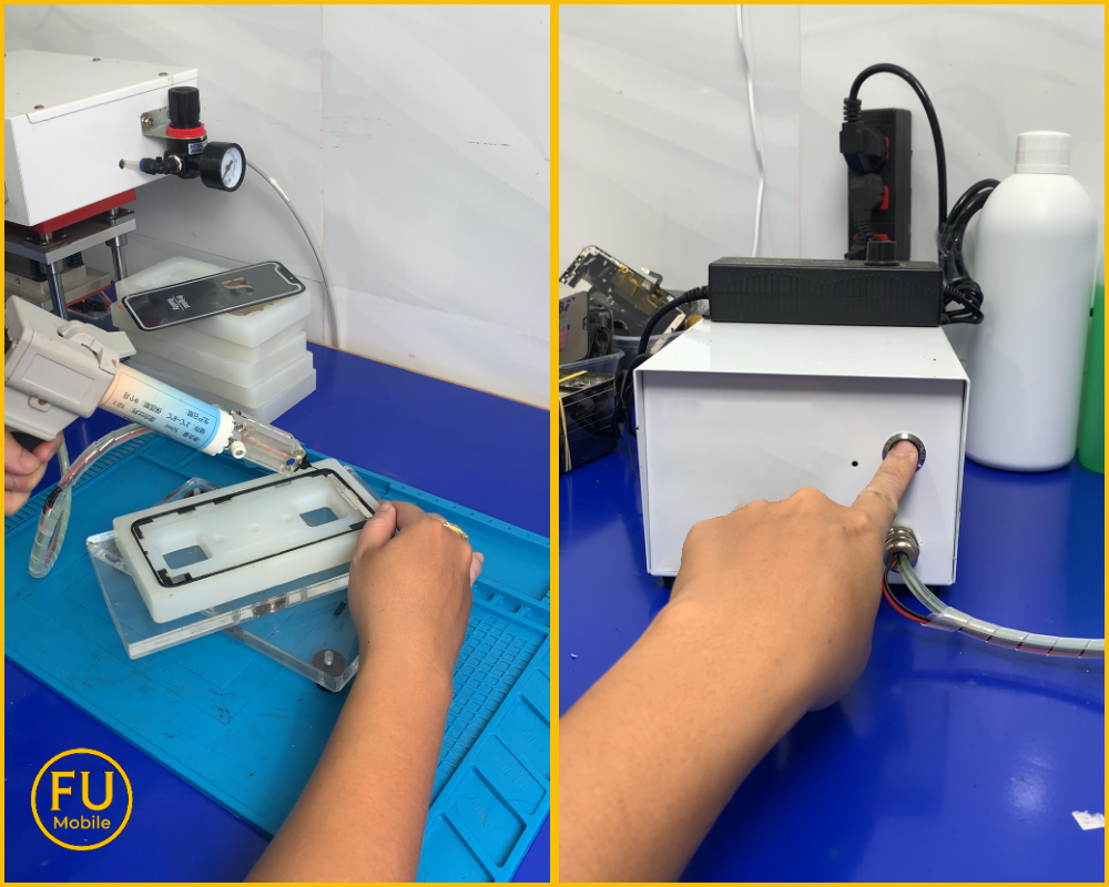 Máy vào ron keo lạnh giúp màn hình A41 có độ kín khít, bền đẹp, hạn chế rủi ro bụi/ẩm