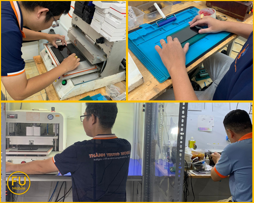 Khách hàng có thể quan sát quy trình ép kính chuyên nghiệp của FUmobile