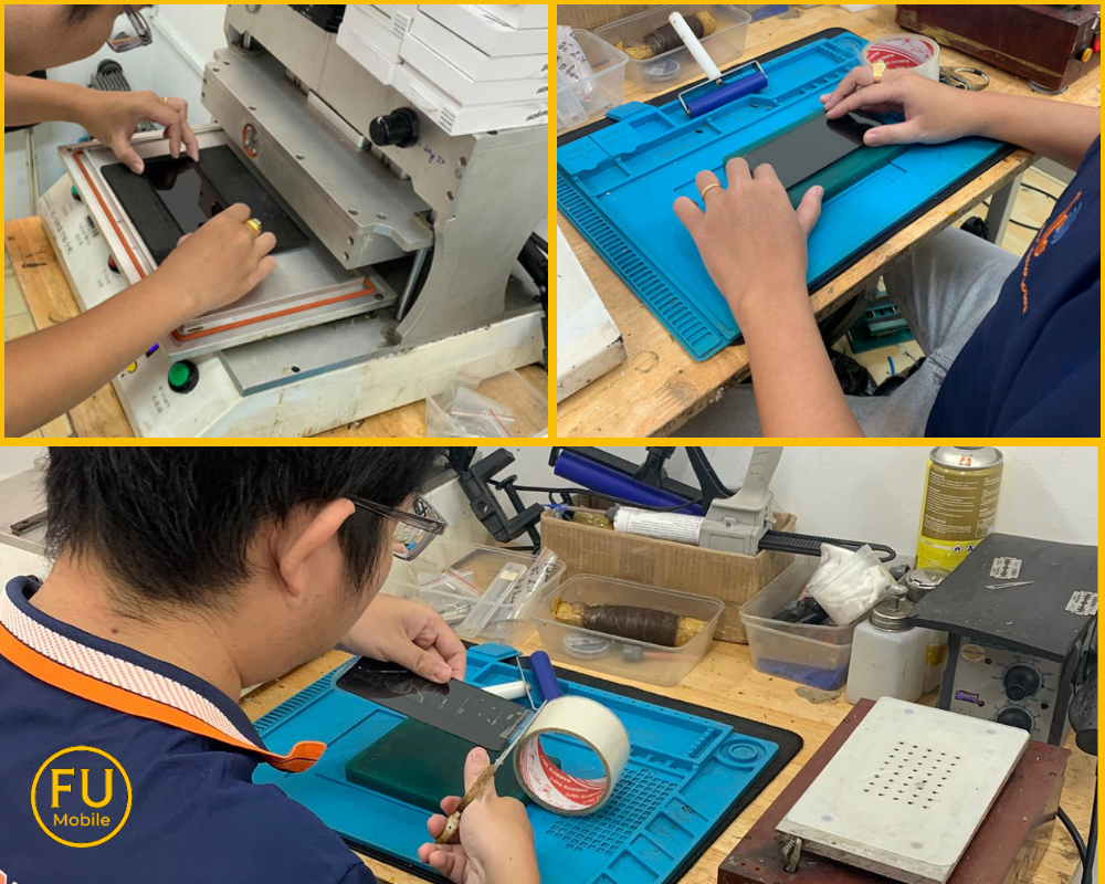 Khi ép kính tại FUmobile khách hàng có thể quan sát toàn bộ quy trình