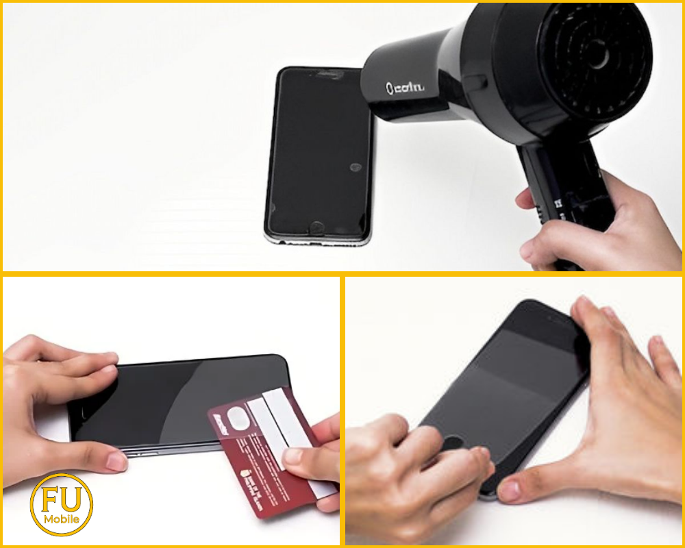 Sử dụng máy sấy tóc và thẻ nhựa tháo kính cường lực