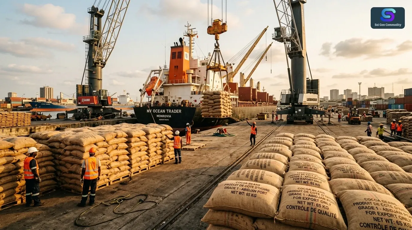 Vận chuyển bao tải ca cao xuất khẩu tại cảng biển quốc tế Abidjan