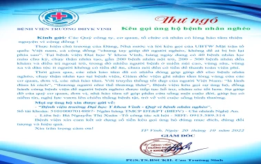 THƯ NGỎ: KÊU GỌI ỦNG HỘ BỆNH NHÂN NGHÈO