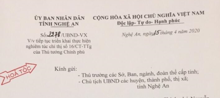 Nghệ An ra công văn hỏa tốc về việc tiếp tục triển khai thực hiện nghiêm Chỉ thị 16