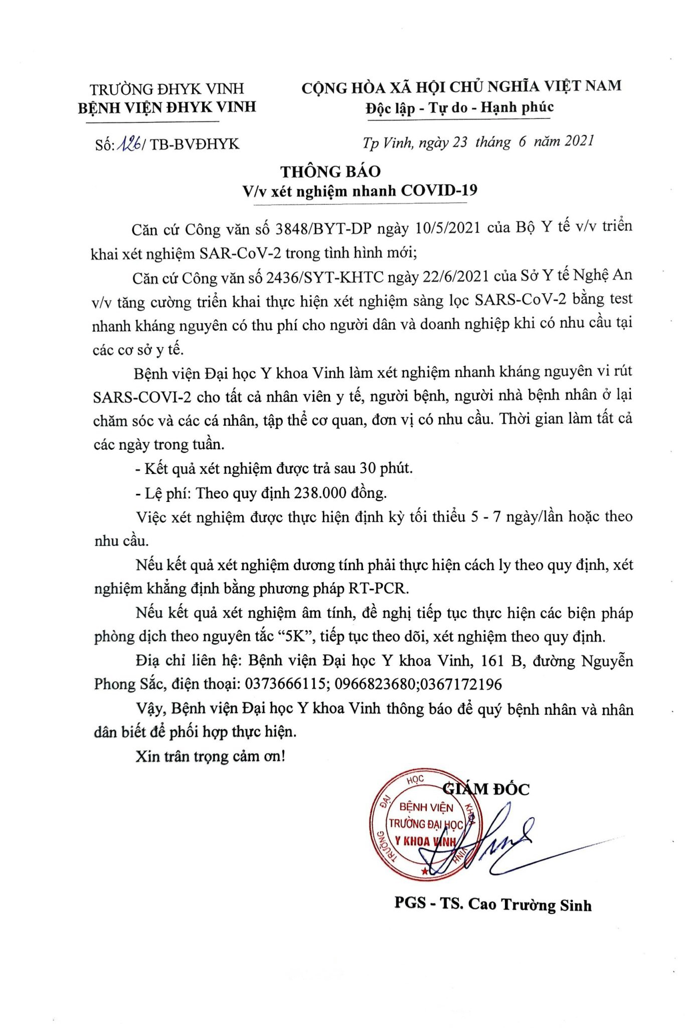 BỆNH VIỆN ĐHYK VINH THÔNG BÁO THỰC HIỆN XÉT NGHIỆM NHANH COVID-19