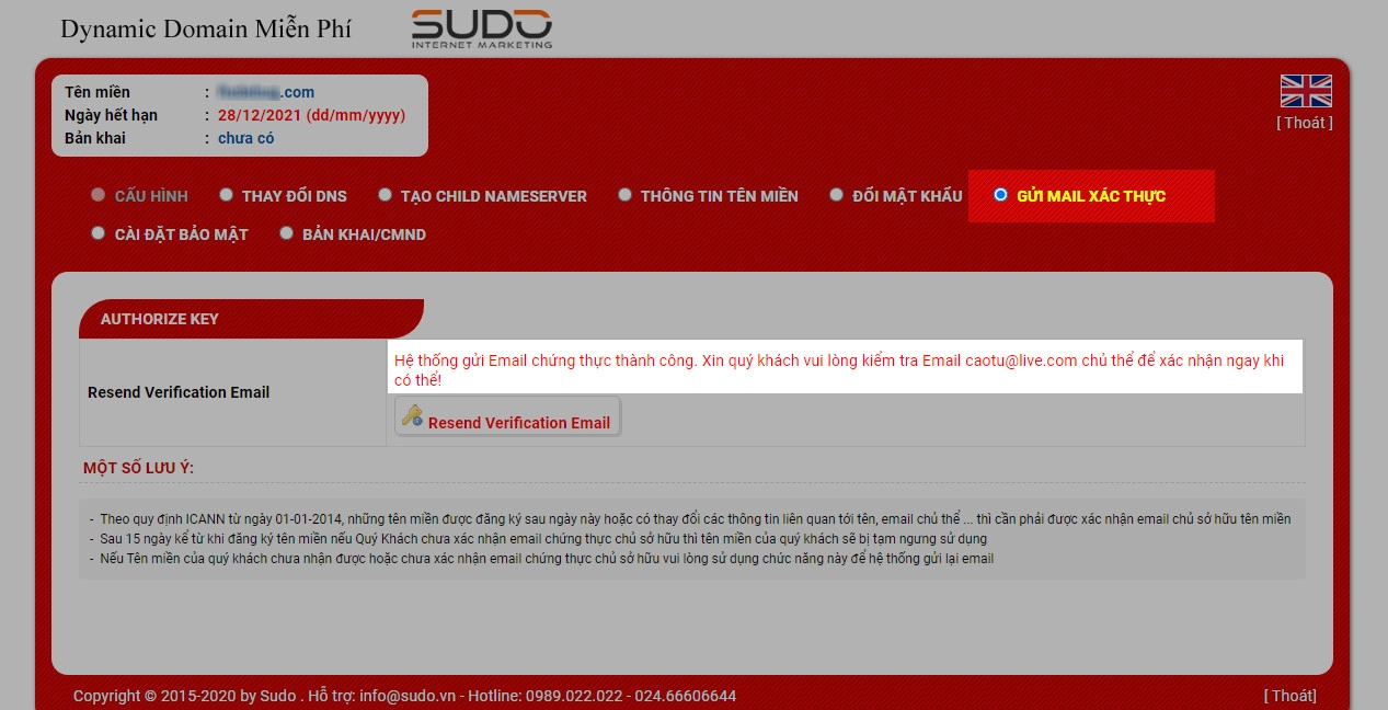 Hệ thống báo gửi email xác thực thành công