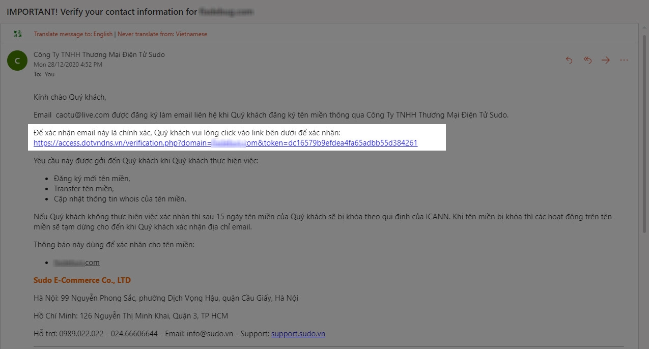 Nhấn vào liên kết để xác nhận