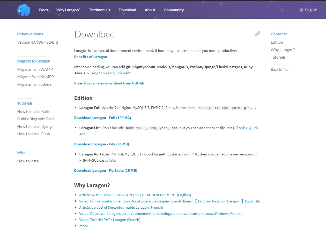 Giao diện trang web download Laragon