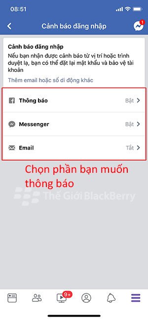 Bật phần bạn muốn thông báo lên