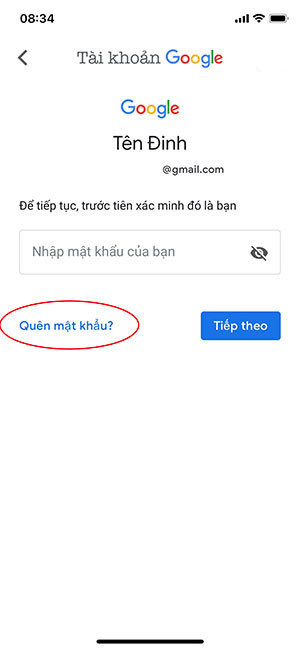 Click vào quên mật khẩu