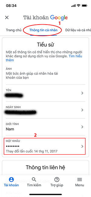 Click vào thông tin cá nhân và mật khẩu
