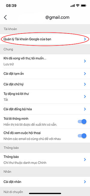 click vào quản lý tài khoản google
