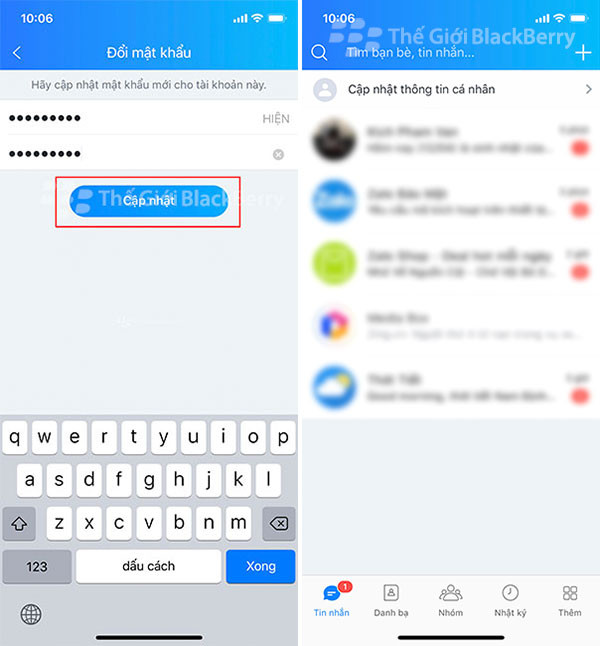 Điền mật khẩu mới và bấm cập nhật