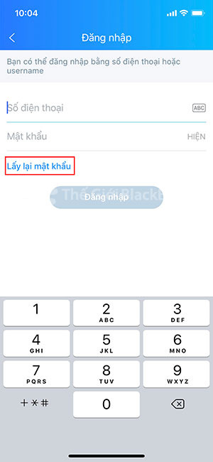 Click lấy lại mật khẩu
