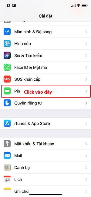 Click vào phần cài đặt và pin