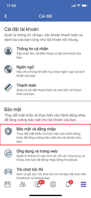 Click vào bảo mật và đăng nhập