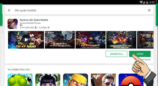 Bấm open để vào game liên quân mobile