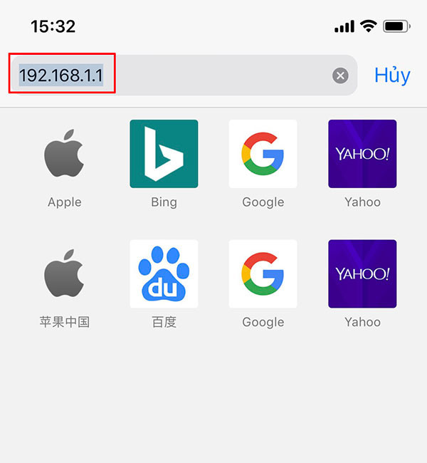 Nhập 192.168.1.1 vào điện thoại